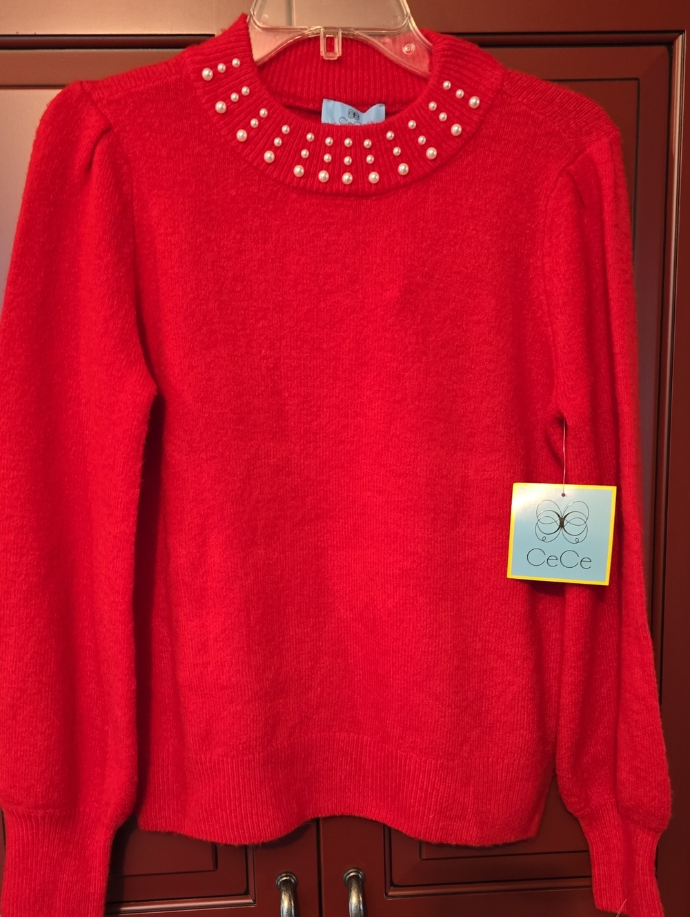 CeCe Red Pearl-Trimmed Crewneck Sweater